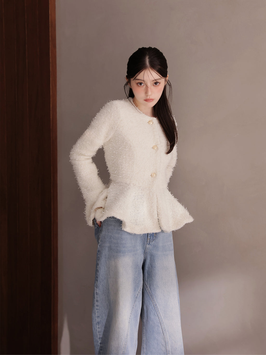 Knit tweed flare jacket