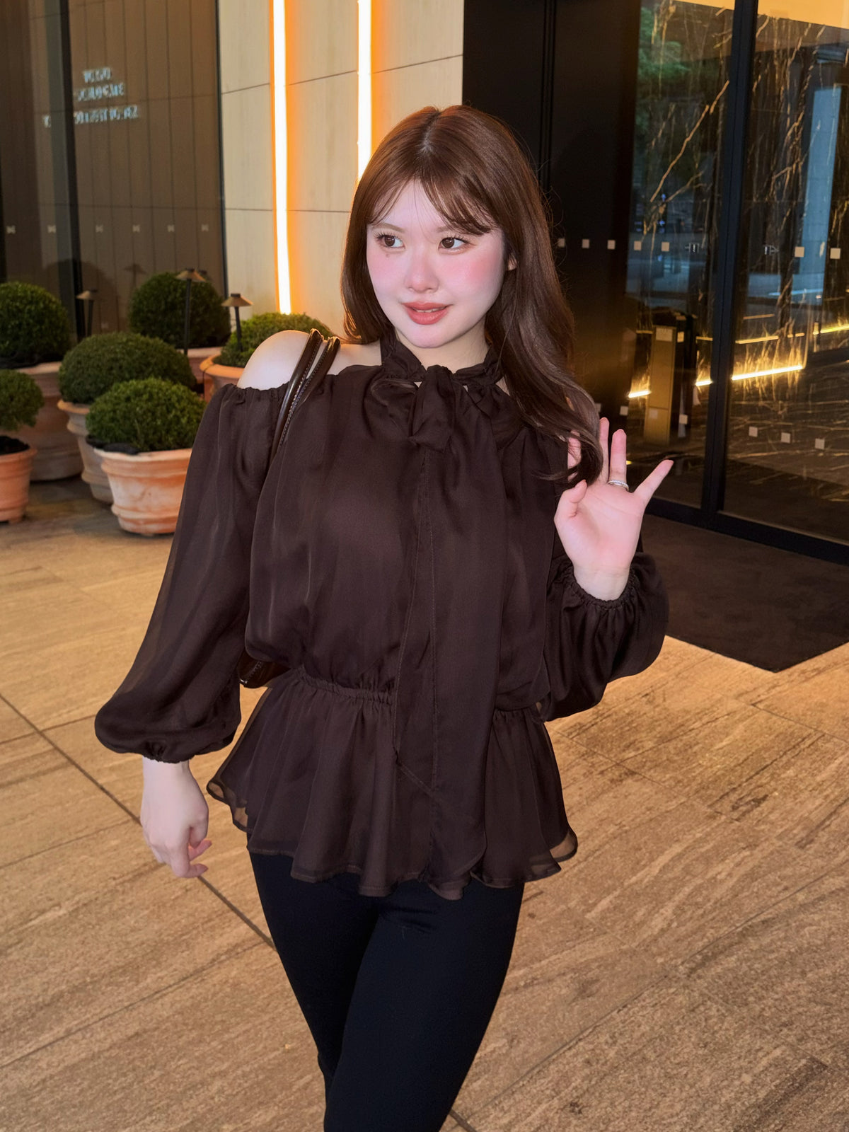 Chiffon ribbon peplum tops