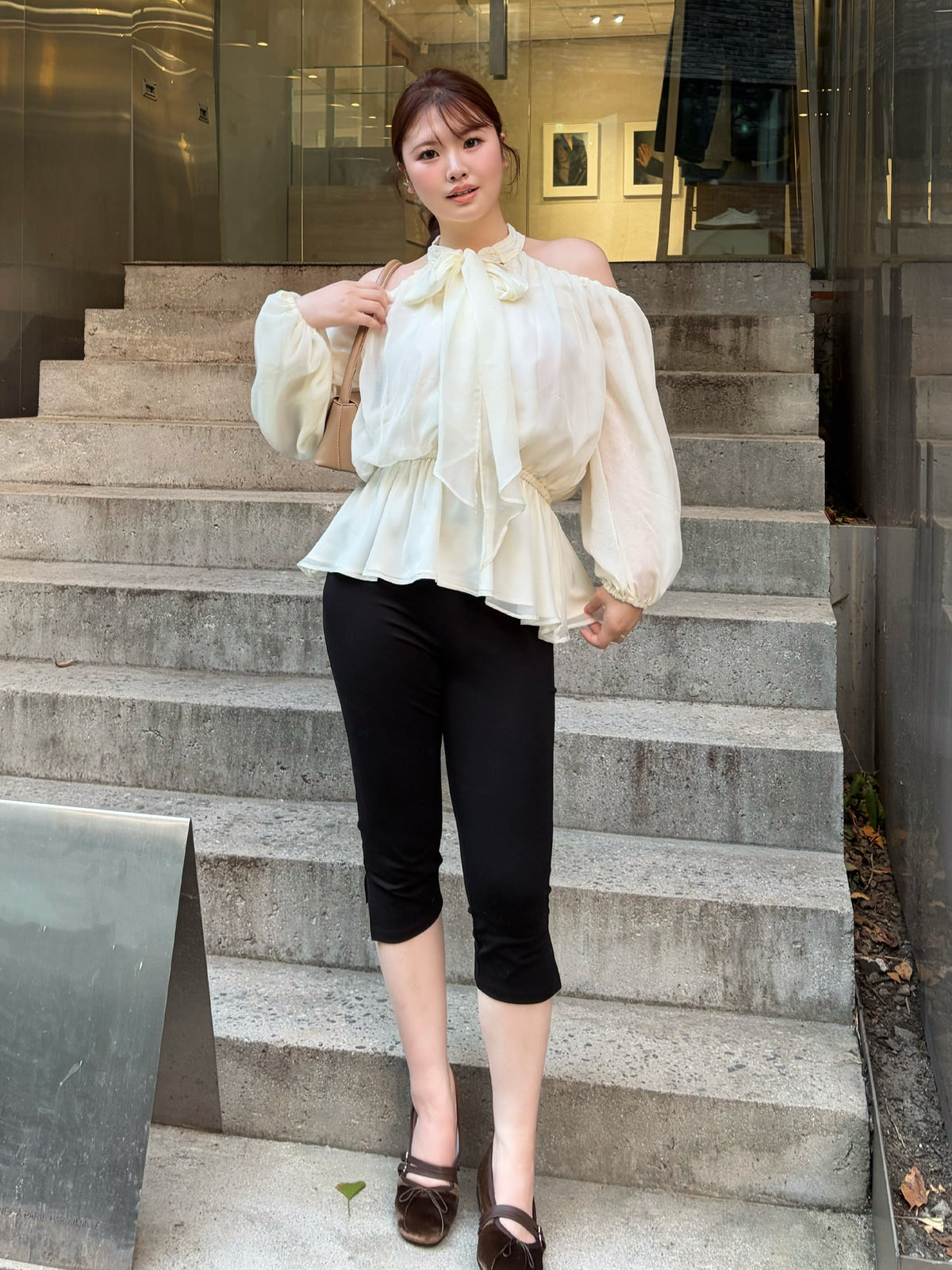 Chiffon ribbon peplum tops